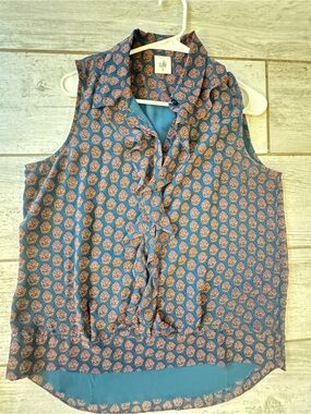CAbi women's Blue Shirt with Orange Medallion Print